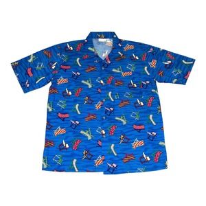 Vintage Gottex Mens Blue Beach Chair Print Beach Hawaiian Summer Camp Shirt XL